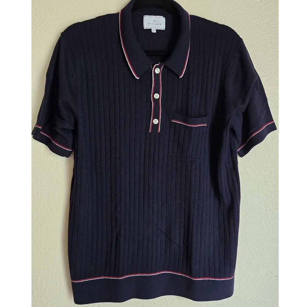 7 Diamonds Enzo Striped Sweater Polo Navy Blue Ribbed Knit Shirt Mens Large